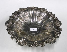 Victorian silver pedestal bowl, with fruit and vine border and pierced design, Martin, Hall & Co,