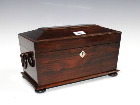 19th century rosewood sarcophagus tea caddy, hinged lid with a mother of pearl plaque, opening to