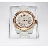 VERSACE, ladies wristwatch, mother of pearl dial with roman numerals, on a white strap, with