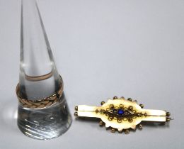 A Victorian 9ct gold sapphire and seed pearl brooch, Chester 1897 together with an unmarked yellow