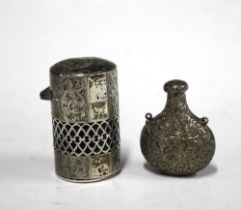 Edwardian silver gilt scent bottle / smelling salts jar, with hinged cover and pierced and a blue