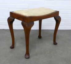 Mahogany stool, curved upholstered seat on cabriole legs with pad feet, 56 x 47 x 35cm.