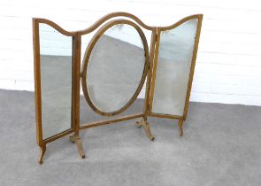 Mahogany triple plate dressing table mirror, serpentine top and splayed legs, 89 x 73cm.