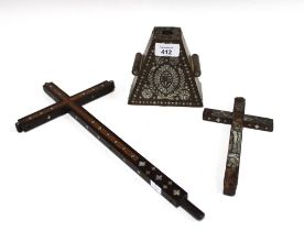 South American reliquaries, mother of pearl mounted wooden crucifix and another with IHS stand (3)