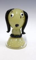 Art Glass Snoopy style dog with black ears and collar, unsigned, 10 x 18cm.