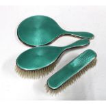 George V silver and enamel dressing table brush set comprising hand mirror, hair brush and clothes