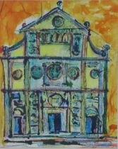 LYNN BAXTER (SCOTTISH) TUSCAN FACADE, mixed media, signed and framed under glass, title label verso,