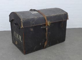 19th century domed top leather trunk, with a wicker basket insert and Reid & Todd , Glasgow label,