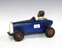 Bugatti model car and driver, in painted pottery, 29cm long