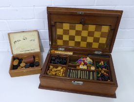 Mahogany Games compendium box, including board, dominoes, chess pieces, checkers etc, 40 x 26cm,