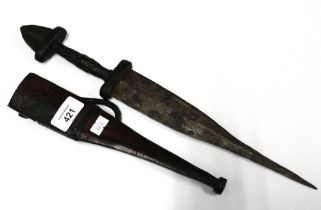 Dagger with a flint to the handle, in a leather sheaf, overall length 40cm