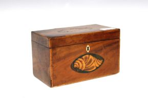 Georgian mahogany box, inlaid shell paterae to front and the hinged lid, void velvet lined interior,