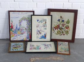 Six early 20th century floral needlework panels, all in glazed frames (6)