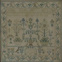 Antique needlework sampler with alphabet, trees and flowers, etc, framed under glass, 32 x 32cm
