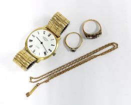 ROTARY, Gents gold plated wrist watch, a gemset ring, yellow metal ring with missing stone and a