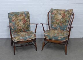 Two vintage Ercol open armchairs, dak elm, (2)