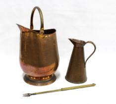 Joseph Sankey & Son copper jug and brass pitchfork & a copper coal bucket,28 x 50cm. (3)