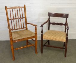 Country wood open armchair together with a small dark stained nursing chair, 59 x 107 x 45cm. (2)