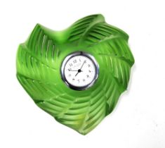 Lalique green frosted glass clock, ribbed heart shape with a Quartz movement, 8cm.