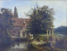 19TH CENTURY CONTINENTAL SCHOOL, untitled oil on panel of a watermill and pond, apparently unsigned,