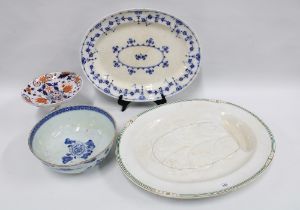 Chinese blue and white punch bowl, (restored), Staffordshire comport and two oval serving plates (4)
