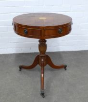 Drum table, circular veneered top, on a pedestal base, 51 x 61cm.