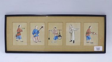 A group of five Chinese paintings on pith paper, contained within a single glazed frame, 47 x 18cm