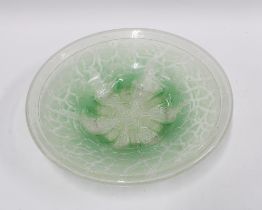 Large green art glass bowl, with cracked ice effect, 39cm