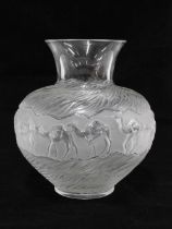 Lalique frosted glass Camel pattern vase, engraved 'Lalique France' marks, boxed, 23 x 24cm.