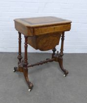 Victorian walnut & mahogany works/sewing table, rectangular top with canted corners, over a drawer