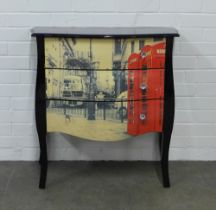 Modern chest, with three decoupage drawers, on cabriole legs, 75 x 77 x 38cm.