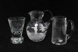 Mary Gregory glass jug and a thistle firing glass and commemorative etched jug (3) 12cm.