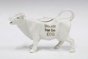 'Straucht frae the coo' cow creamer jug, 18 x 11cm.