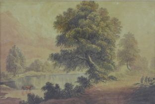 Attributed to GEORGE BARRETT Jnr (1767 - 1842) untitled ink wash of a river scene with figures,