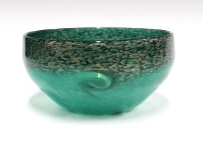 Strathearn Scottish art glass bowl, green with aventurine inclusions, 21 x 10cm.
