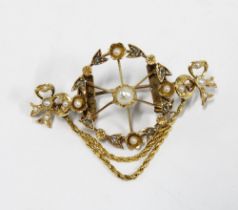 Late 19th / early 20th century diamond and pearl brooch set in unmarked yellow metal, 5cm wide