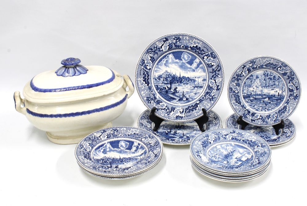 Johnson Bros, Historic America pattern blue and white transfer printed pottery and a feather edged