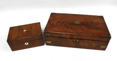 19th century mahogany and brass mounted writing slope, 40 x 24cm, together with a smaller walnut and