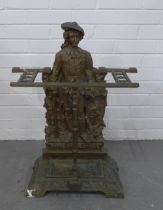 19th century Bonnie Prince Charlie cast metal stick stand, with figural backplate and two front