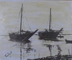 1970S untitled oil on canvas with dhows, signed indistinctly and dated '74, 60 x 50cm