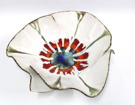 HELEN FOSTER, large studio pottery bowl in the shape of a flower, with pooled glaze at the centre,