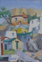 J.S PENMAN, CROOKED HOUSES, ATHENS, oil on board, signed, framed and labelled verso, 37 x 53cm