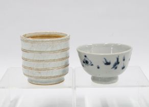 Chinese provincial blue and white tea bowl, 5cm, together with a ribbed pottery cup, 7cm (2)