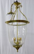 Large brass and glass hanging lantern ceiling light, 44 x 95cm