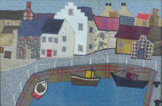 CHRISTINE DAWSON, CRAIL HARBOUR, patchwork stitched panel, framed under glass, inscribed verso and