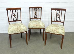 Set of three Edwardian mahogany side chairs with upholstered seats, 45 x 88 x 42cm. (3)