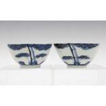 Two Chinese blue and white bamboo & calligraphy pattern teabowls (2) 10 x 5cm.