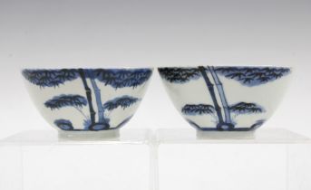 Two Chinese blue and white bamboo & calligraphy pattern teabowls (2) 10 x 5cm.