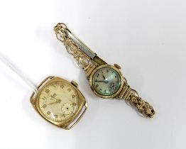A vintage 9ct gold cased watch face and a lady's gold plated wristwatch on bracelet strap (2)