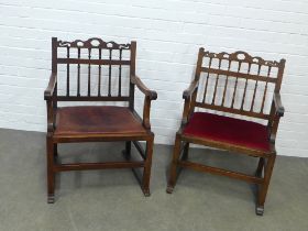 Pair of mahogany drunkards armchairs, of typical design, with drop in seats and trestle bases, 58